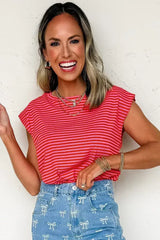 Black Stripe Ribbed Cap Sleeve Round Neck T Shirt - Femstylo