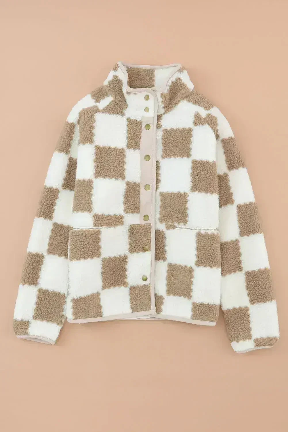 Brown Checked Snap Button Sherpa Jacket - Femstylo