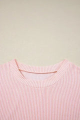 Pink Corded Colorblock Pocket Crew Neck T Shirt - Femstylo