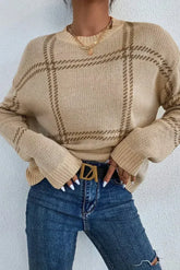 Khaki Plaid Pattern Knitted Drop Shoulder Sweater - Femstylo