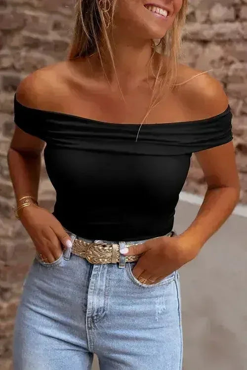 Bright Pink Folded Off Shoulder Slim Top - Femstylo