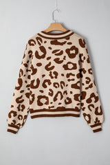 Light French Beige Leopard Printed Knit V Neck Sweater