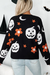 Black Halloween Mythical Night Pattern Drop Shoulder Sweater