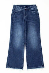 Sail Blue Mineral Wash Raw Hem High Waist Flared Jeans - Femstylo