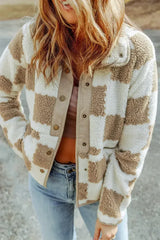 Brown Checked Snap Button Sherpa Jacket - Femstylo
