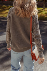 Dark Brown Cable Knit Raglan Sleeve Casual Sweater