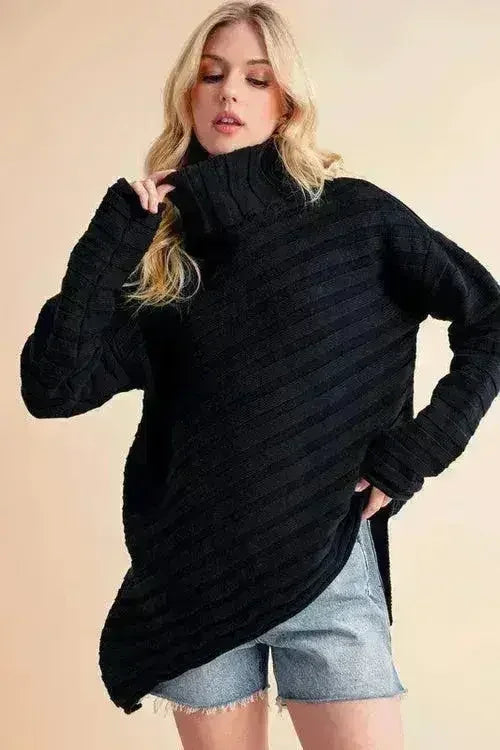 Asymmetrical Turtleneck Sweater - Side Slit Cotton Pullover | Femstylo - Femstylo