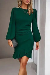 Devine Ruched Ruffled Balloon Sleeve Mini Dress - Femstylo