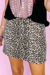 Khaki Allover Leopard Print Denim Mini Skirt - Femstylo