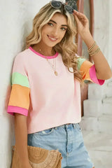 Light Blue Color Block Sleeve Round Neck Oversize Top - Femstylo