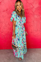 Sky Blue Abstract Print Short Puff Sleeve Tiered Maxi Dress - Femstylo