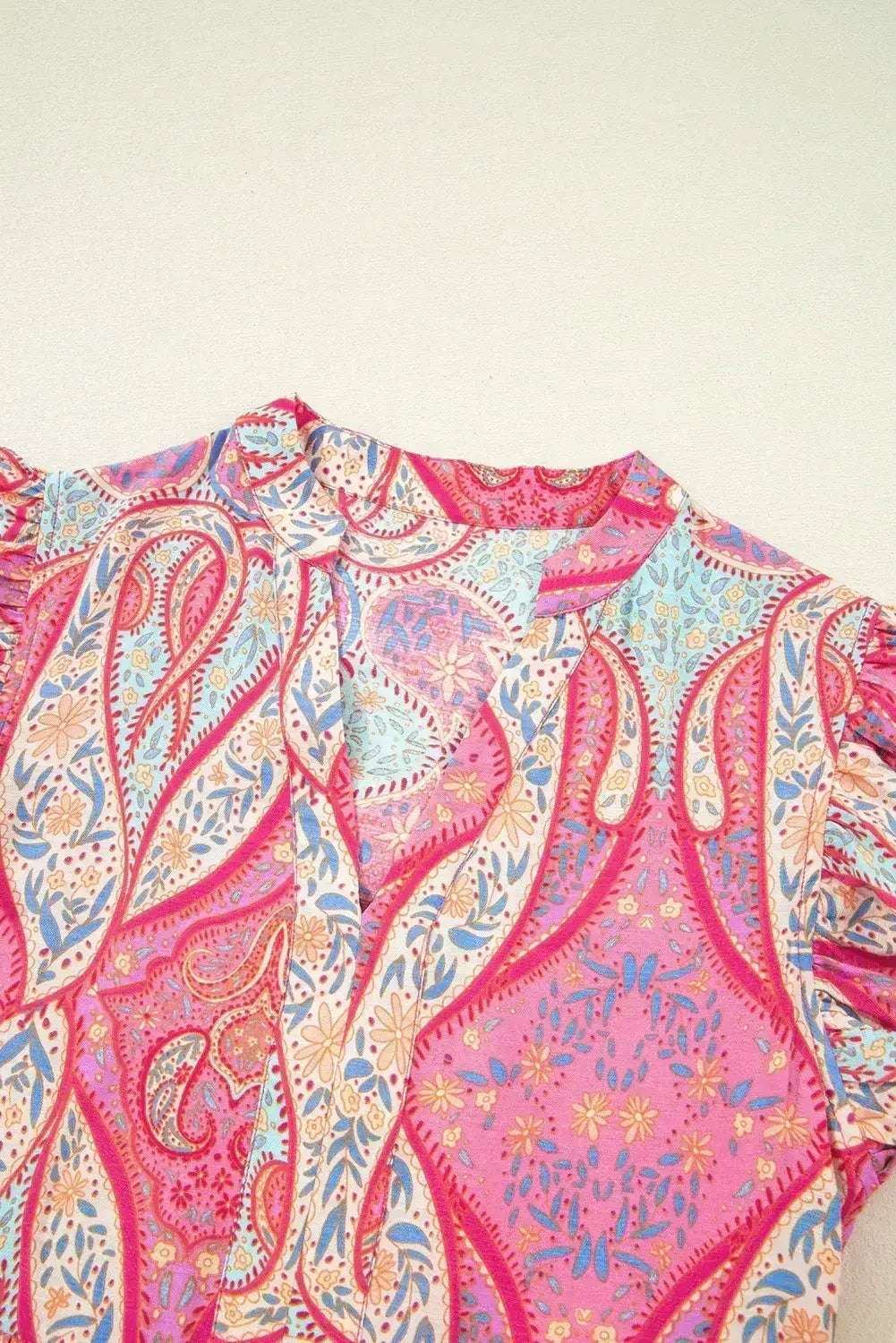 Rose Ethnic Paisley Print Ruffle Sleeve Notch Neck Midi Dress - Femstylo