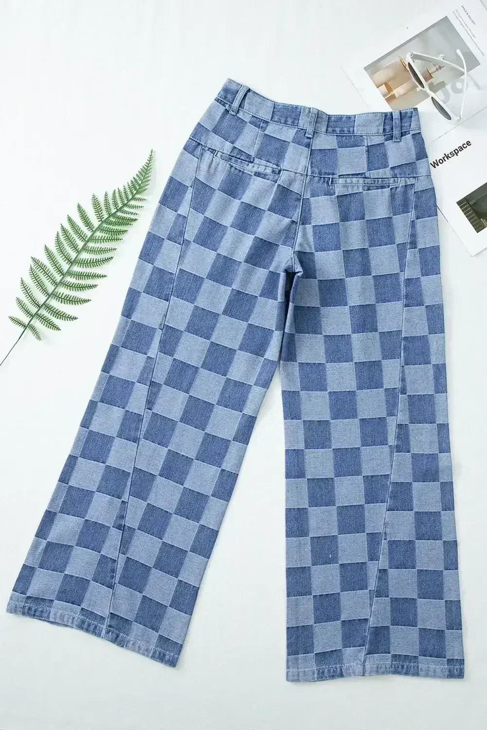 Dusk Blue Checkered Light Washed Wide Leg Jeans - Femstylo