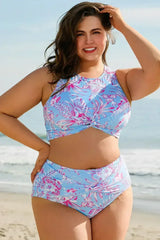 Rose Plus Size Floral Print Twisted High Waist Bikini Set - Femstylo
