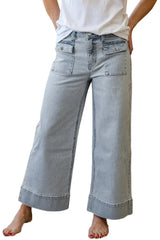 Sky Blue Striped Button Flap Pocket Cuffed Hem Wide Leg Jeans