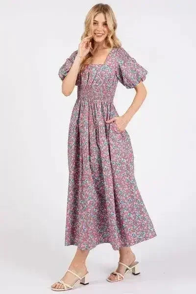 Mittoshop Smocked Floral Square Neck Puff Sleeve Midi Dress - Femstylo
