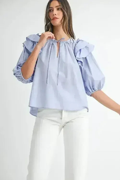 MABLE Stripe Ruffle Shoulder Puff Sleeve Blouse | Femstylo - Femstylo