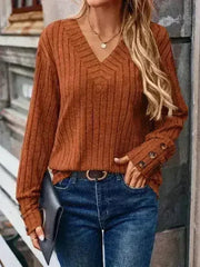 Decorative Button V-Neck Long Sleeve T-Shirt - Femstylo