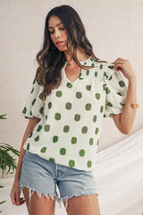 Apricot Polka Dot Print Smocked Notched Neck Balloon Sleeve Blouse