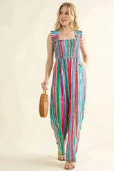 And The Why Full Size Striped Smocked Sleeveless Jumpsuit - Femstylo