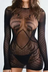 Yelete Fishnet Bodysuit – Diamond Net Long Sleeve Catsuit - Femstylo