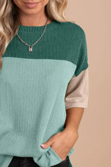 Black Color Block Ribbed Side Slits Half Sleeve Top - Femstylo