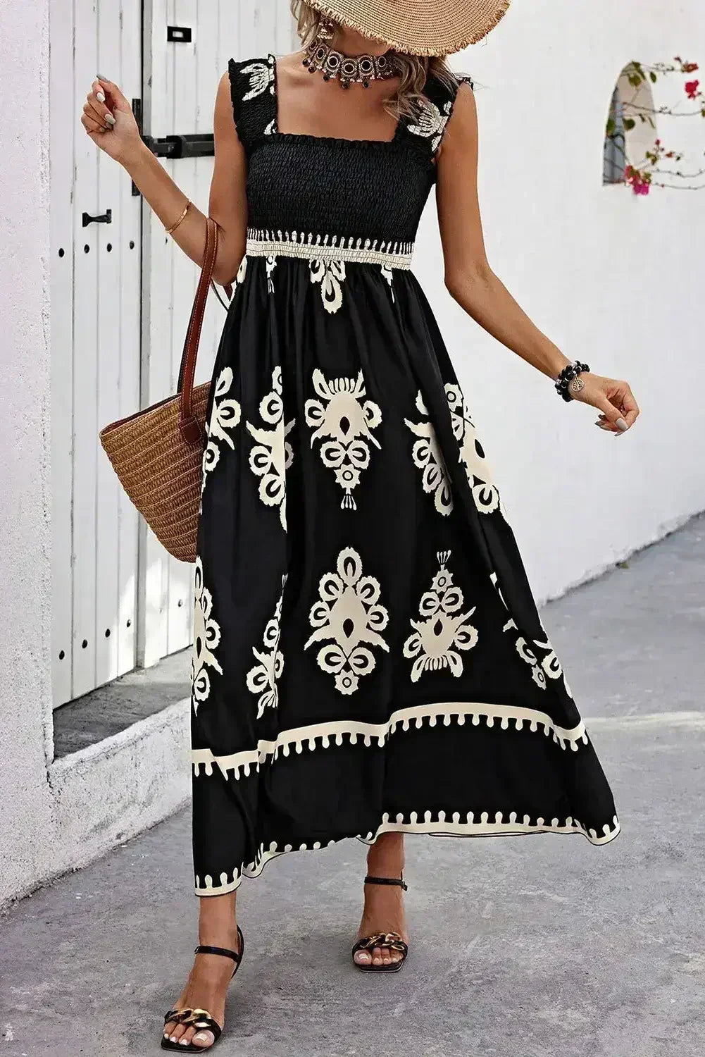 Black Boho Print Smocked Ruffle Sleeveless Maxi Dress - Femstylo