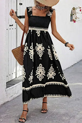 Black Boho Print Smocked Ruffle Sleeveless Maxi Dress - Femstylo