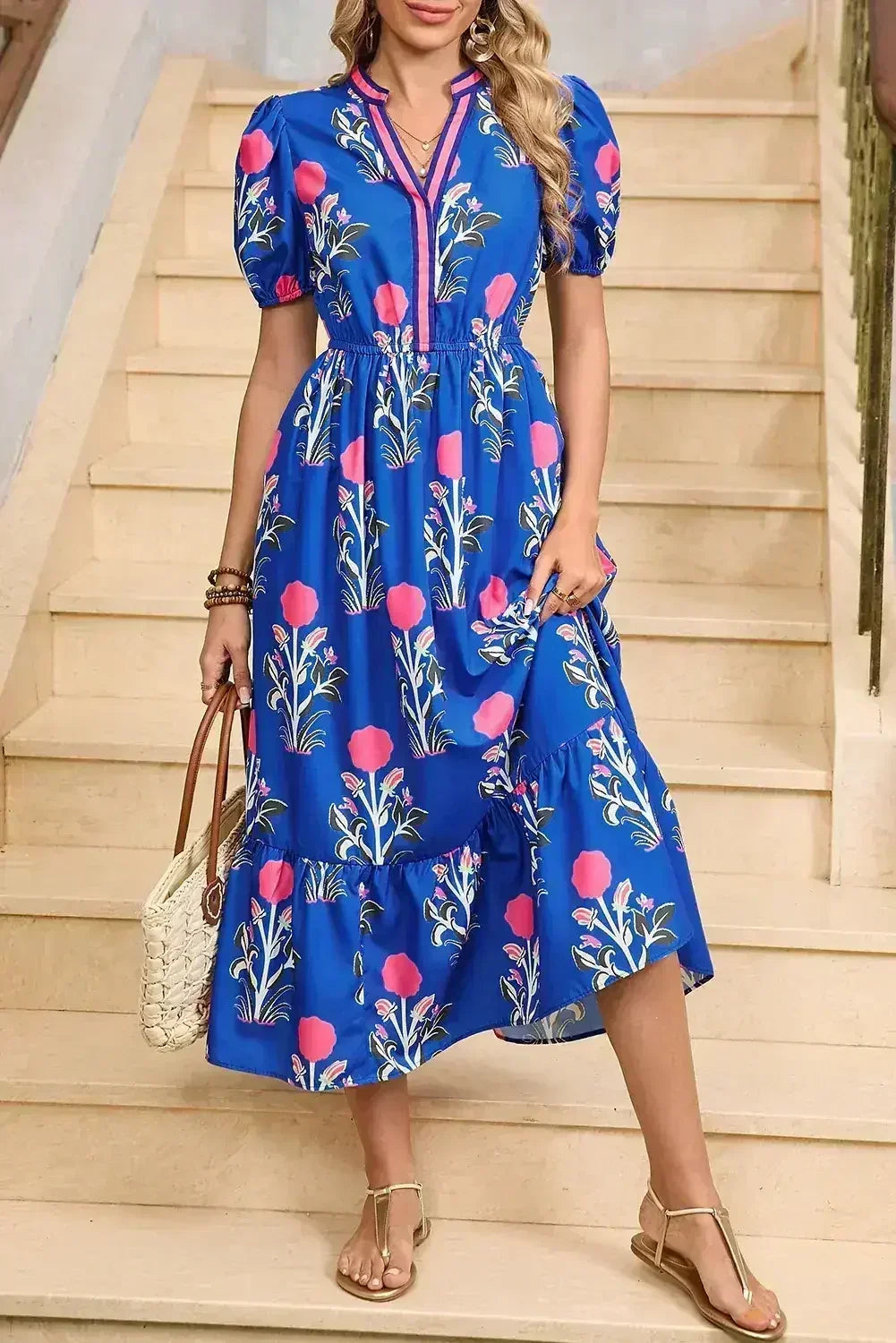 Blue Floral Ruffle Hem Pop of Color Neckline Dress - Femstylo