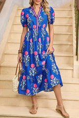Blue Floral Ruffle Hem Pop of Color Neckline Dress - Femstylo
