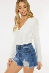 Kancan Distressed Button-Fly High Waist Denim Shorts - Femstylo