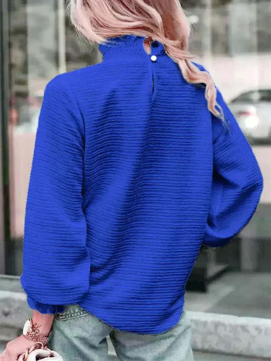 Smocked Frill Mock Neck Long Sleeve Blouse - Femstylo