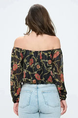 Off-Shoulder Chain Print Crop Top - Red & Black Chiffon Blouse - Femstylo