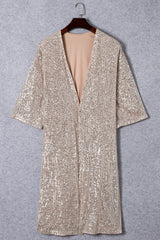 Apricot Sequin 3/4 Sleeve Open Front Duster Cardigan - Femstylo