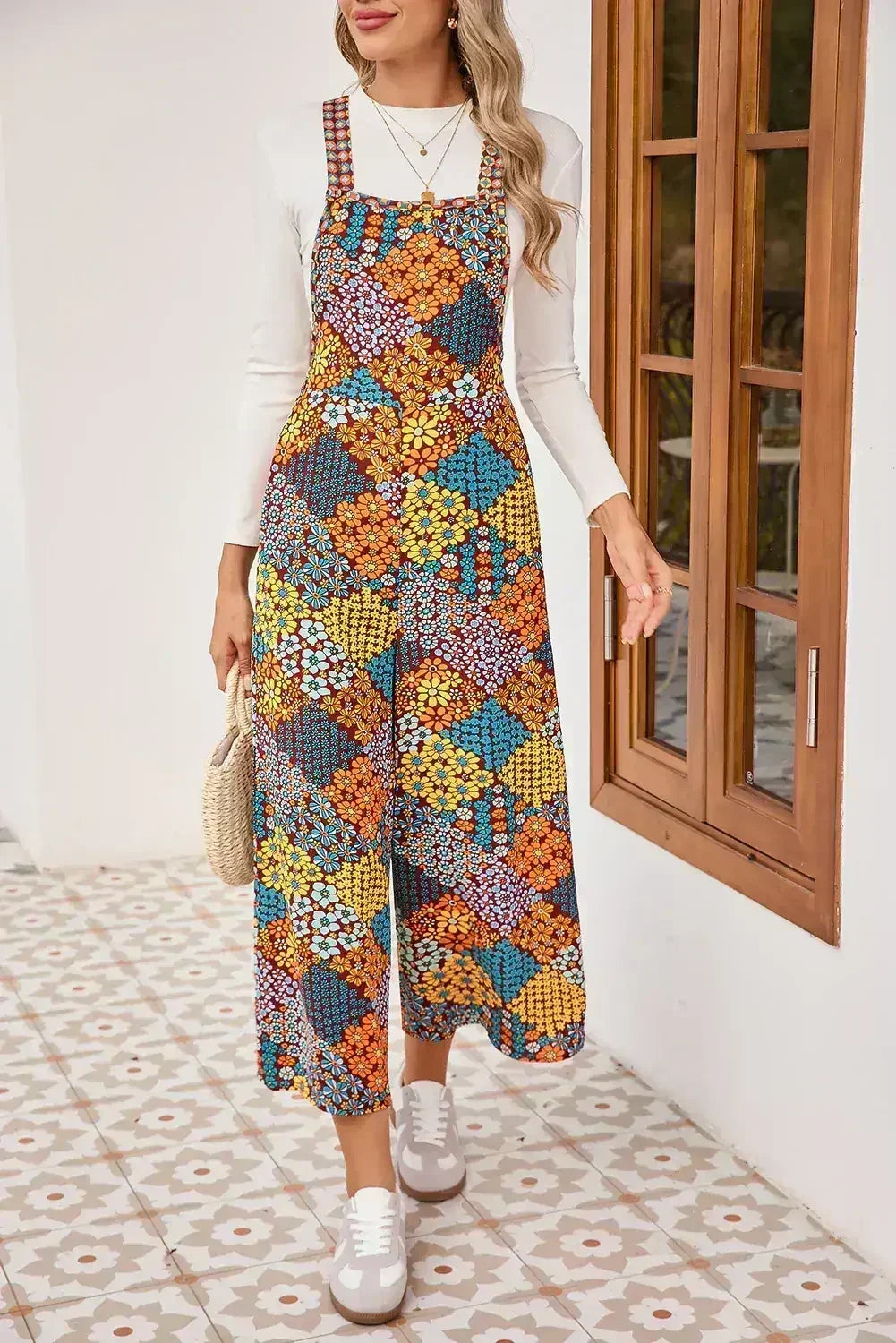 Multicolour Boho Floral Print Cropped Wide Leg Overalls - Femstylo