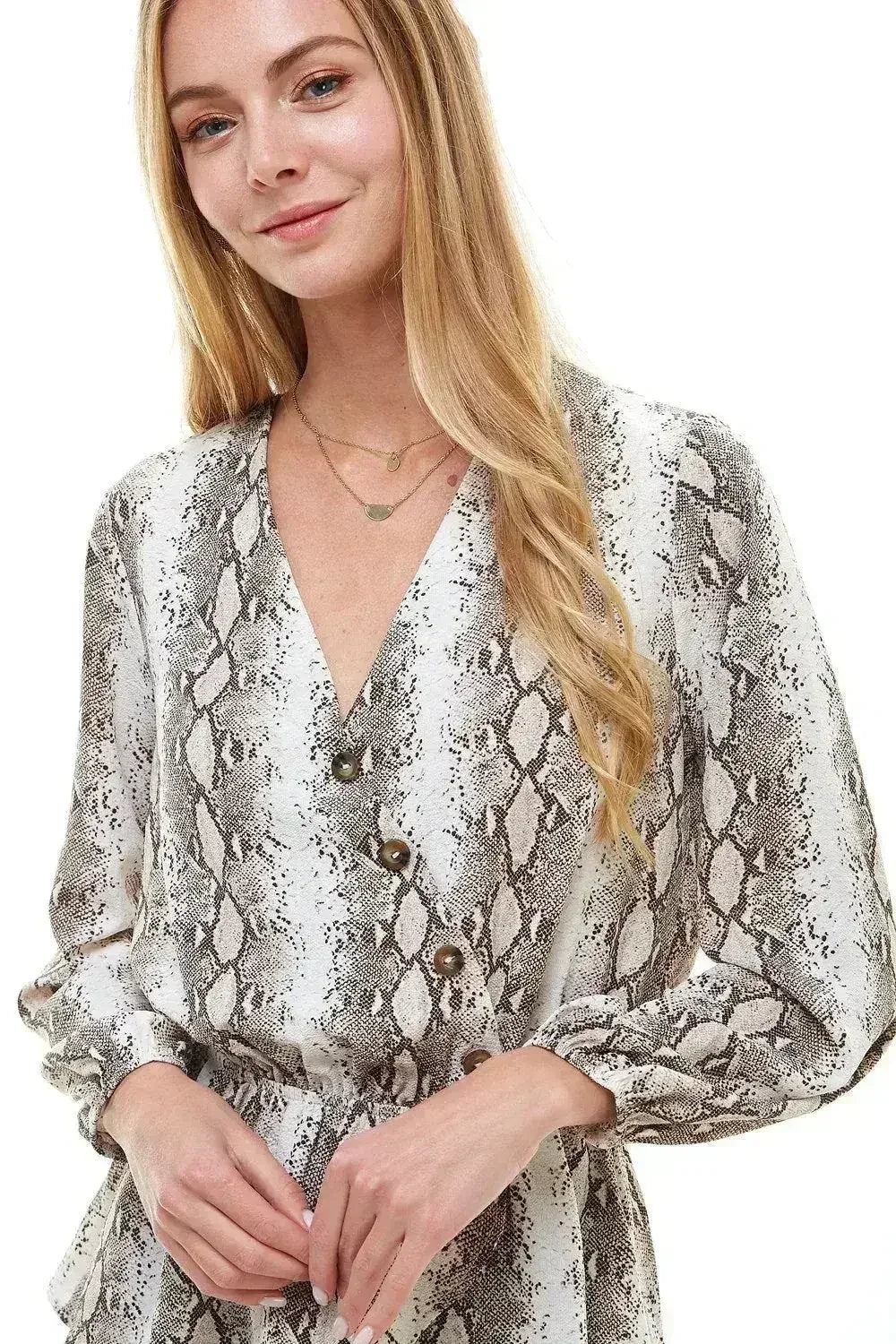 Snake V neck Button Front Peplum Long Sleeve Blouse Top | Femstylo - Femstylo