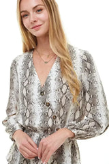 Snake V neck Button Front Peplum Long Sleeve Blouse Top | Femstylo - Femstylo