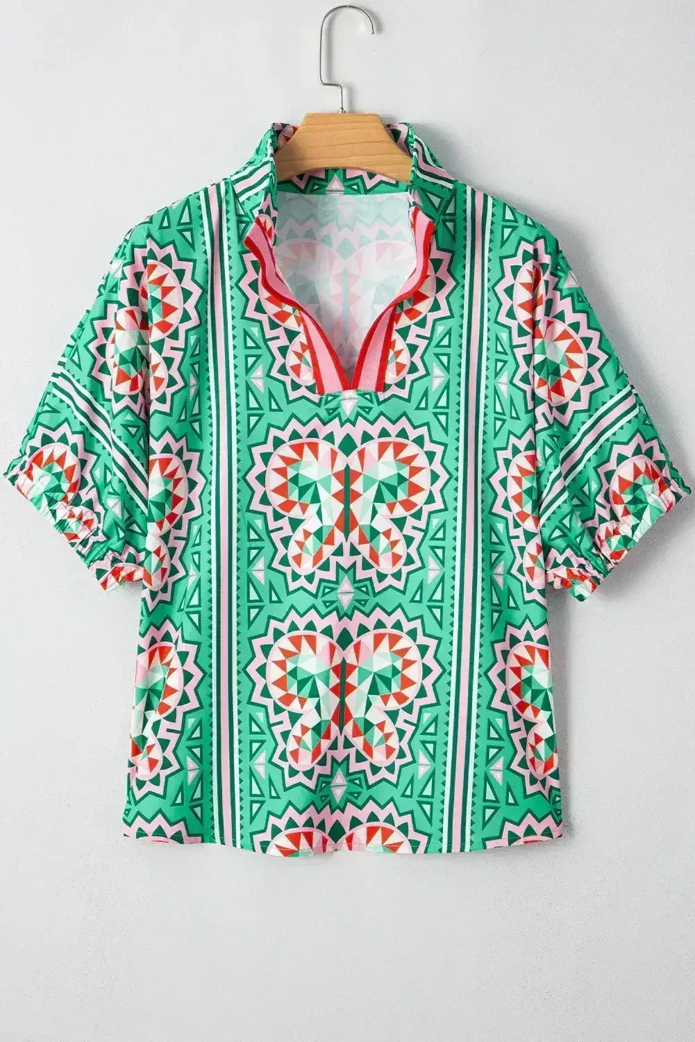 Sea Green Boho Geometric Print Color Neckline Blouse | Femstylo - Femstylo