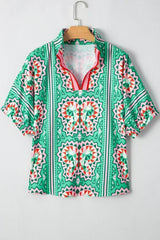 Sea Green Boho Geometric Print Color Neckline Blouse | Femstylo - Femstylo