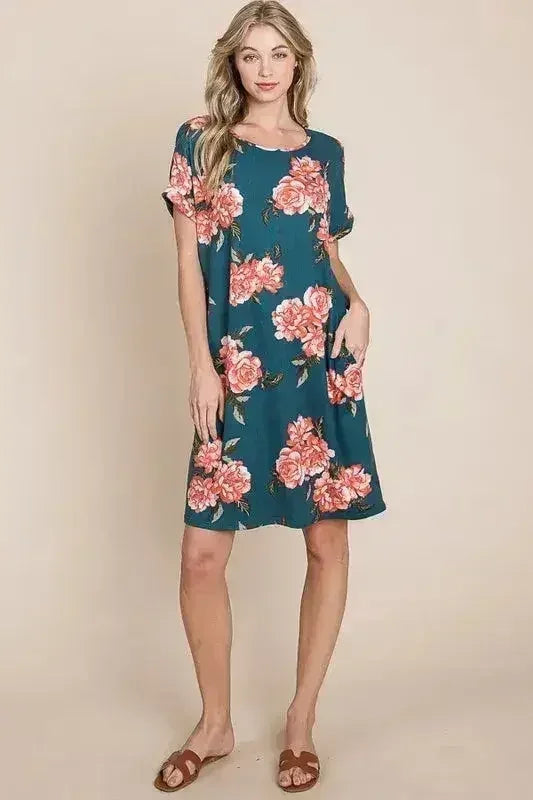 BOMBOM Floral Round Neck Short Tee Dress with Pockets - Femstylo