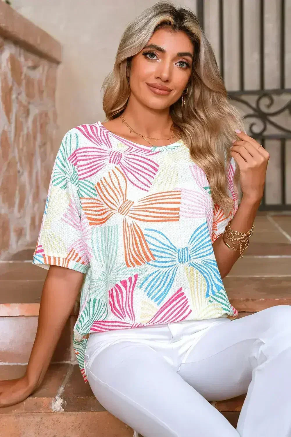 Sky Blue Bowknot Print Waffle Loose Tee - Femstylo