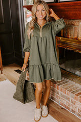 Jungle Green Quarter Zip Collar Bracelet Sleeve Textured Mini Dress