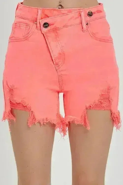 RISEN Raw Hem Asymmetrical Waist Denim Shorts - Femstylo