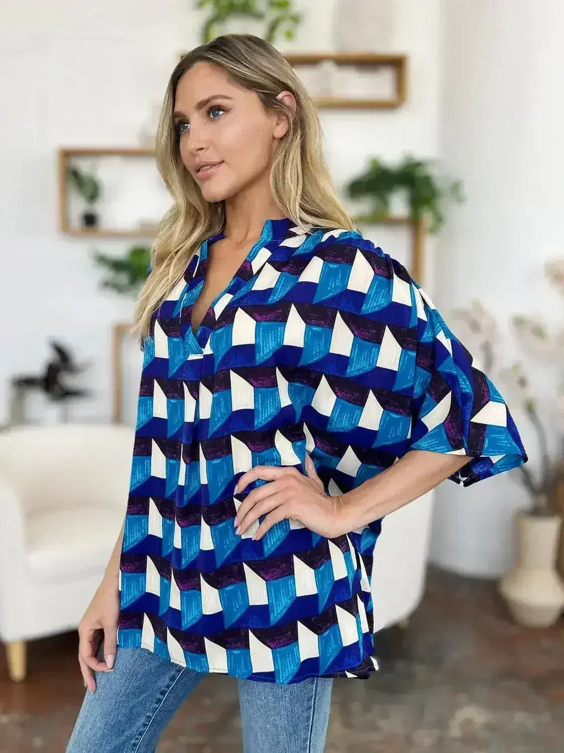Geometric Notched Sleeve Blouse - Versatile Top | Femstylo - Femstylo