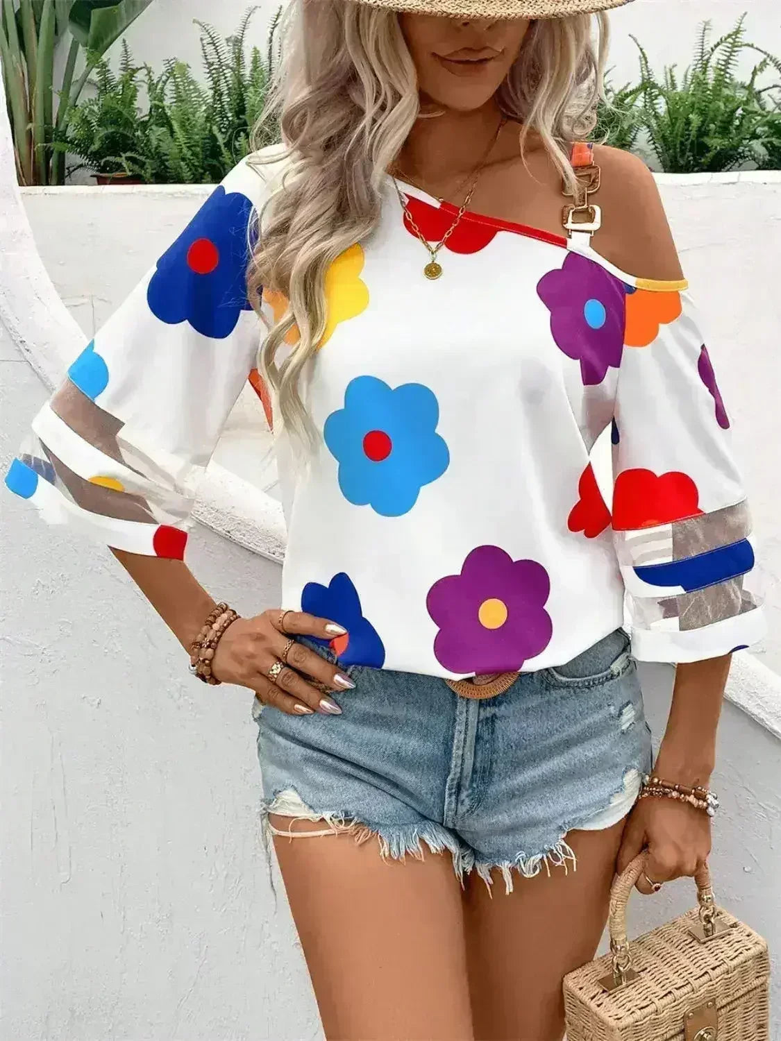 White Color Flower Asymmetrical Neck Blouse | Femstylo - Femstylo