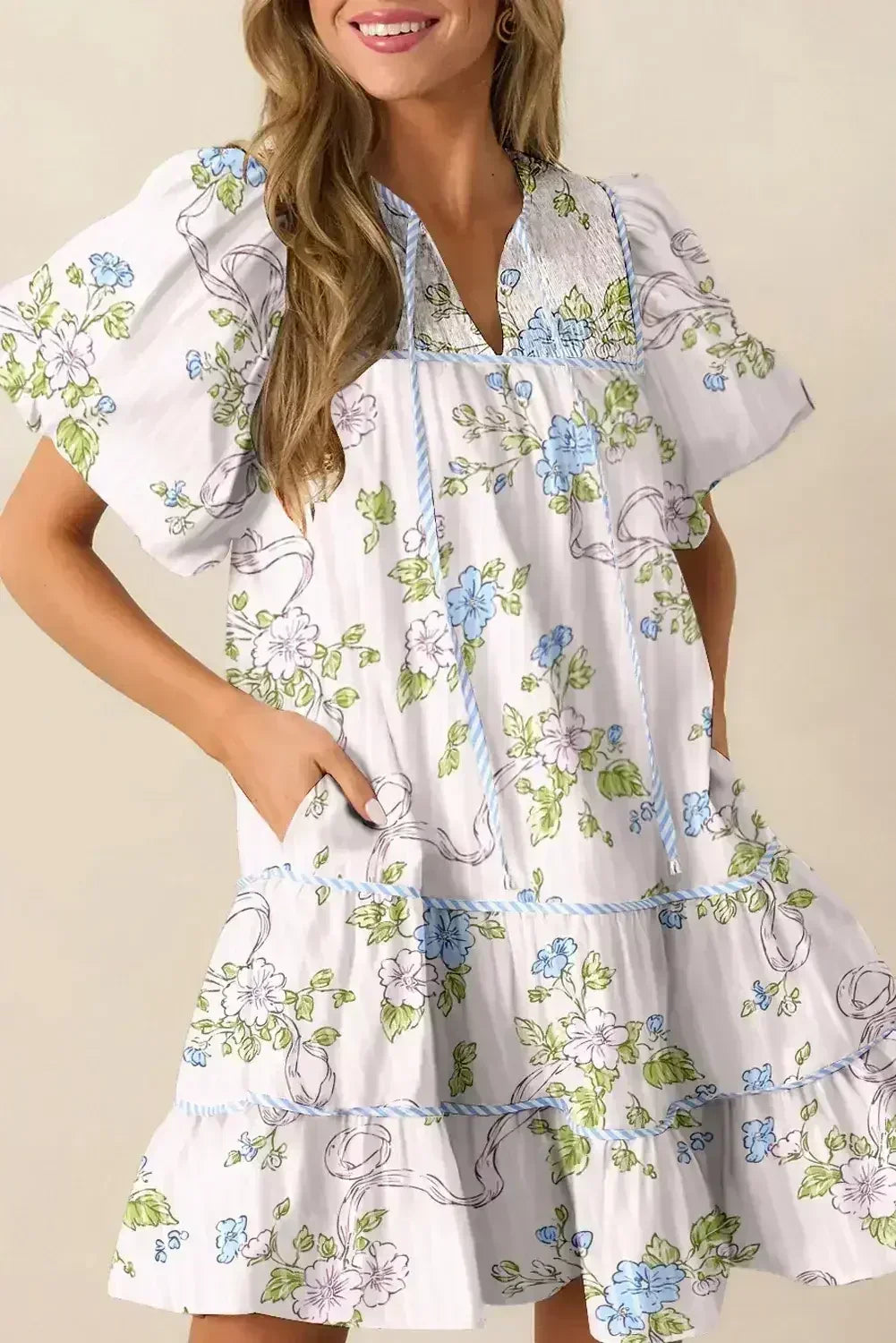 Pink Floral Striped Print Contrast Trim Tie Split Neck Mini Dress - Femstylo