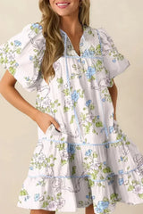 Pink Floral Striped Print Contrast Trim Tie Split Neck Mini Dress - Femstylo