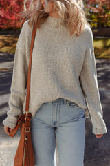 Gray Morn Waffle Knit Ribbed High Neck Drop Shoulder Sweater