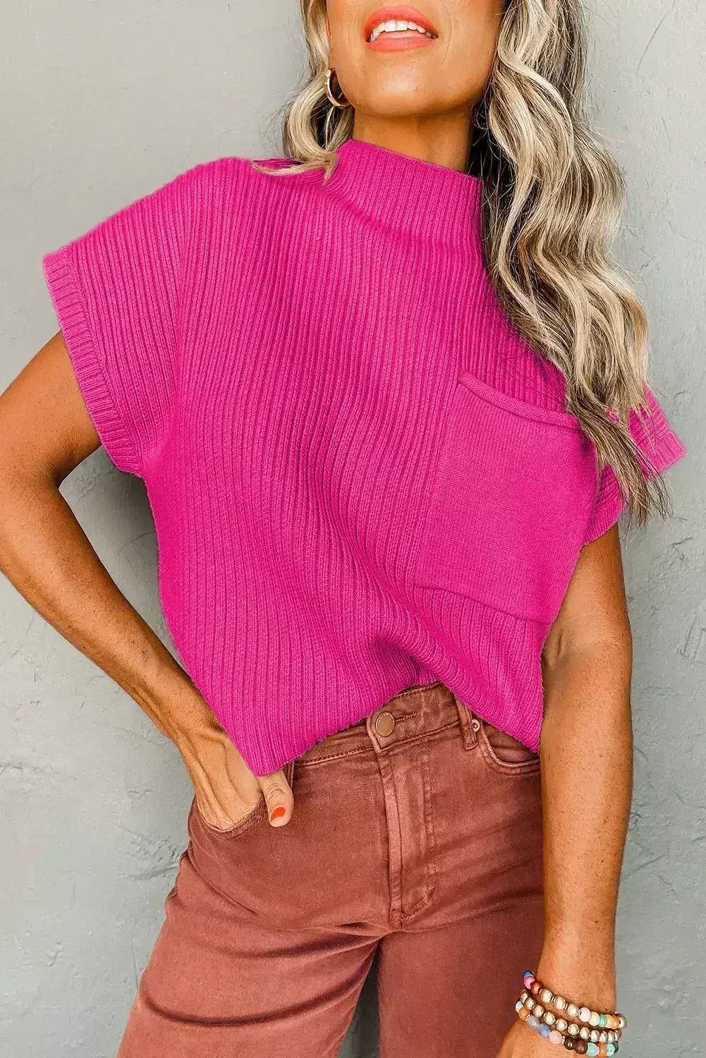 Mineral Red Patch Pocket Ribbed Knit Short Sleeve Sweater - Femstylo