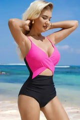 Light Blue Crossover Colorblock Cutout One Piece Swimsuit - Femstylo